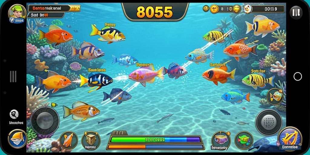 Screenshot gameplay 8055 menunjukkan aksi tembak ikan yang mendebarkan.