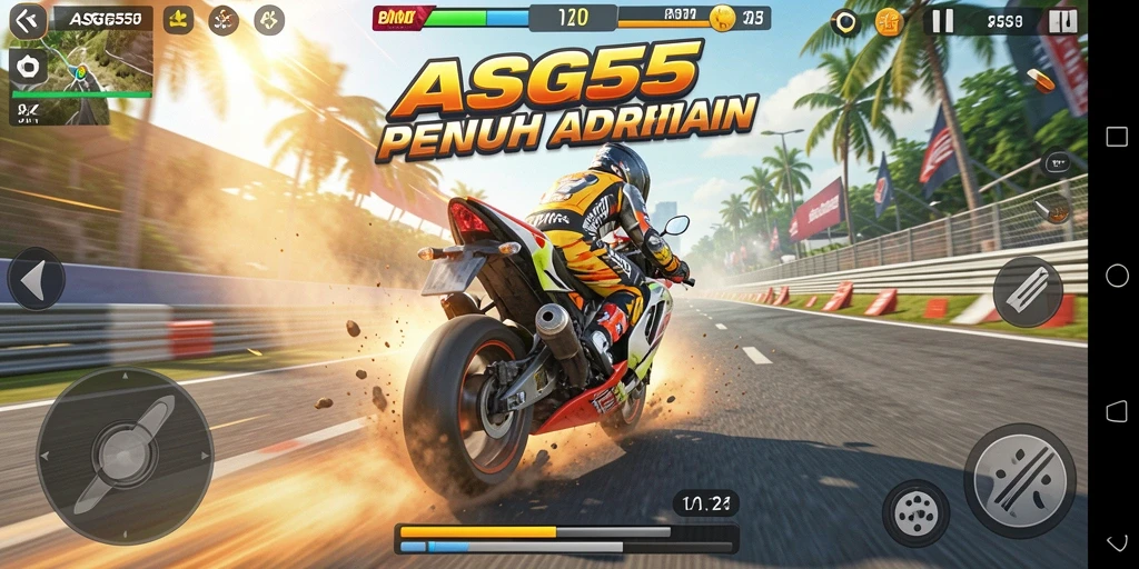 Tampilan gameplay menegangkan dalam ASG55 balapan motor.