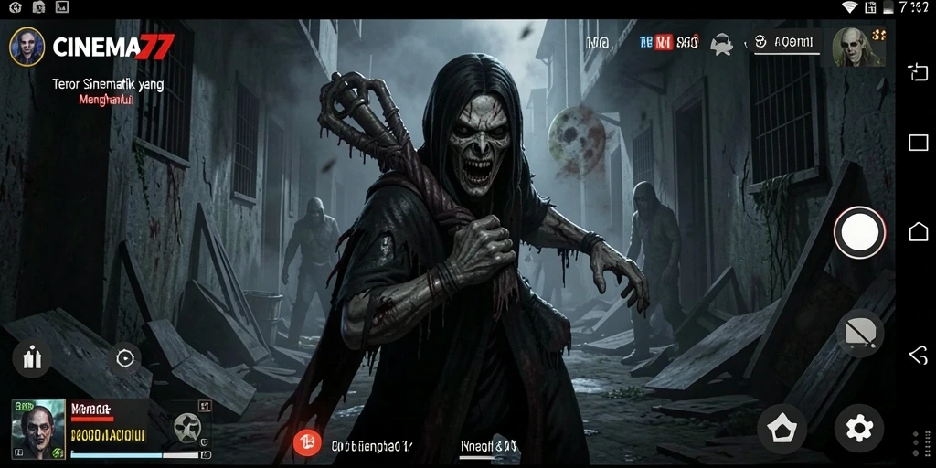 Screenshot gameplay CINEMA77 menampilkan suasana Horror yang mencekam.