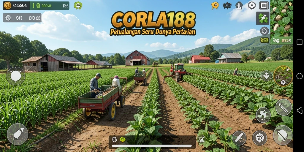 Tampilan gameplay CORLA188 menampilkan kebun yang subur dan aktivitas bertani.