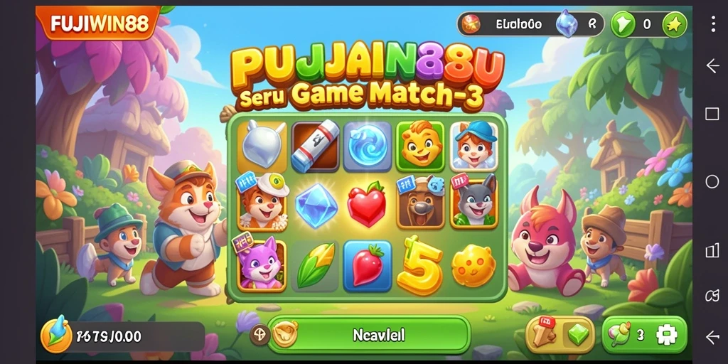 Screenshot utama FUJIWIN88 menampilkan aksi mencocokkan item dalam game Match-3.