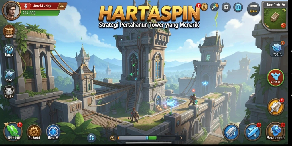 Screenshot gameplay HARTASPIN menunjukkan menara bertahan melawan gelombang musuh.