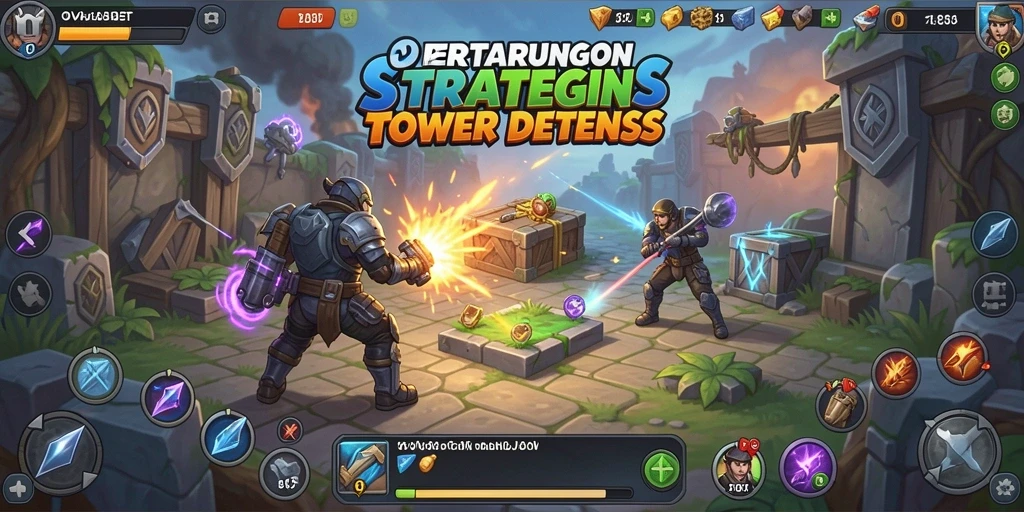 Tampilan gameplay OVABET dengan berbagai tower dan musuh beragam.