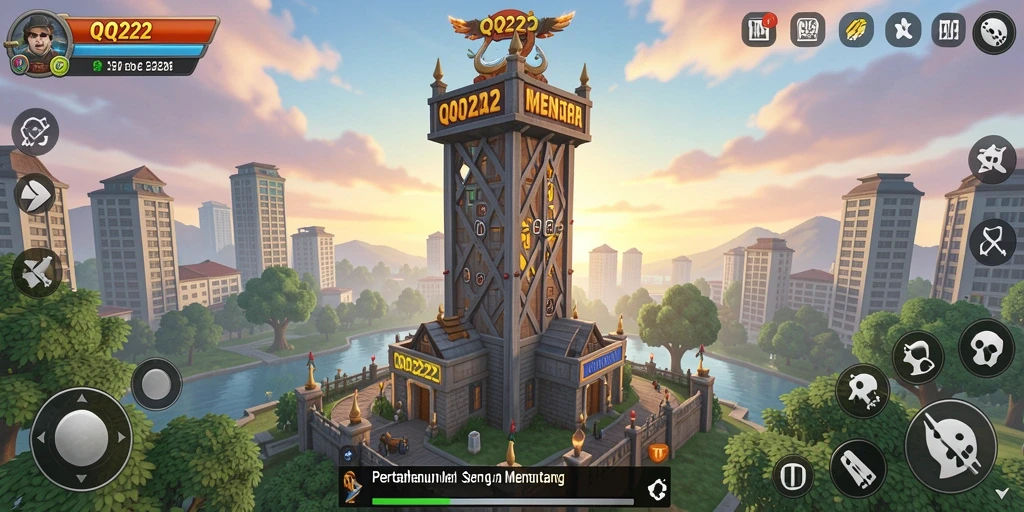 Screenshot gameplay QQ222 menampilkan pertahanan menara yang strategis.