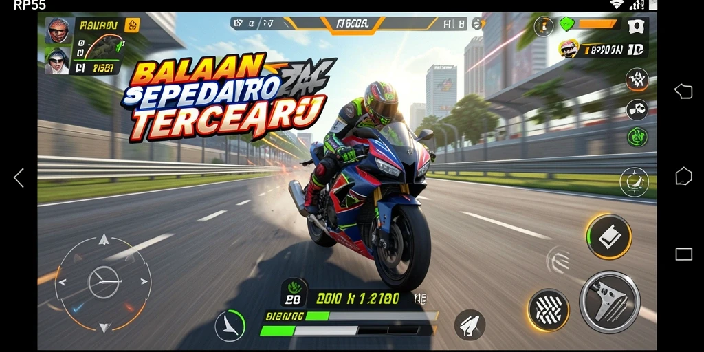 Tampilan utama gameplay RP55 dengan motor balap di lintasan.