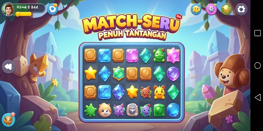 Tampilan gameplay RR44 dengan berbagai kombinasi item Match-3.